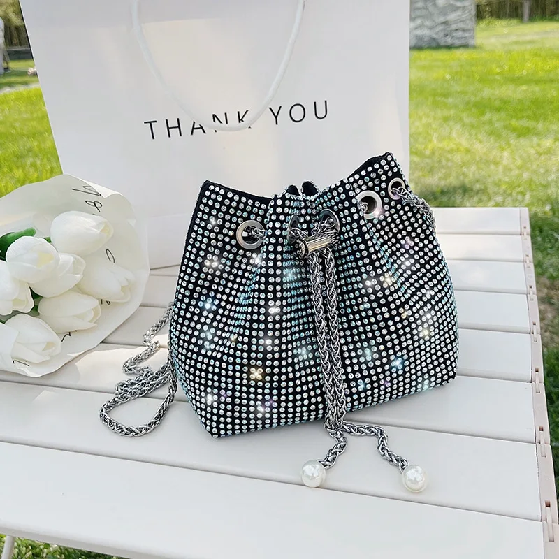 Versatile and Fashionable Rhinestone Large Capacity Bucket Crossbody Women's  Dinner Bag