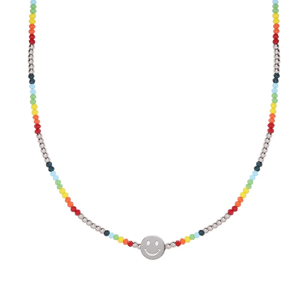 

RHYSONG Fashion Rainbow Colorful Beads Smiley Necklace Clavicle Chain Stainless Steel Jewelry For Women Bohemia Holiday Party