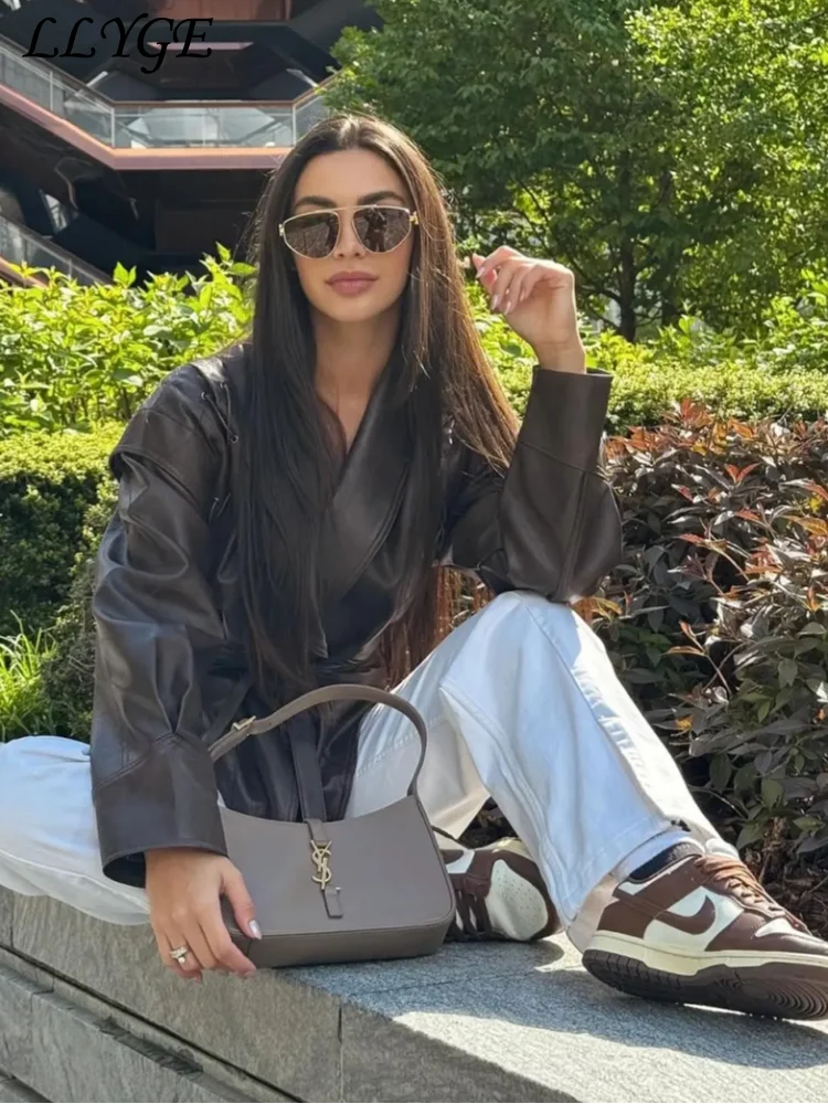 Vintage Women's Leather Jacket With Belt Slim Lace Up Lapel Long Sleeve Locomotive Coat 2024 Autumn Lady High Street Y2k Outwear 2