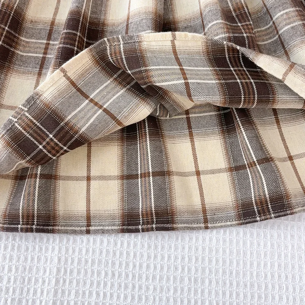Bear Leader Modische Patchwork-Kleider für Mädchen im Fake-Two-Look, Herbst 2026, Khaki, Kinderkleider für Mädchen, Kariertes Langarmkleid + Hut – Detail 13