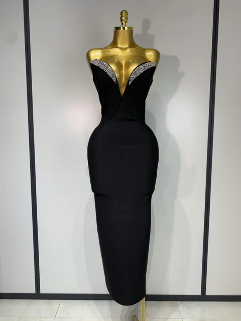 Women Sexy Strapless Sparkly Rhinestones Bodycon Bandage Long Dress Fashion Celebrate Evening Party Luxury Birthday Dresses 1