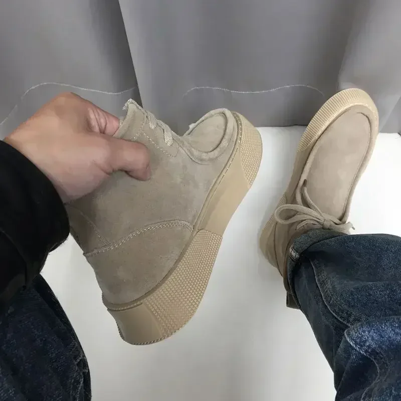 Men Retro Leather Shoes Thick Sole Mid Top Couple Casual Short Boots Autumn/Winter Men's Ankle Boots Thick Sole Desert