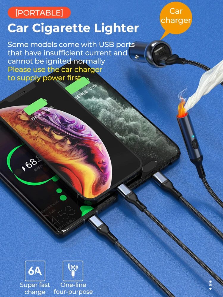 4 In 1 USB Car Cable With Cigarette Lighter 1.2m 6A Fast Charging For Smartphone Charger For IPhone Type C Micro-USB cigarette lighter car charger cable