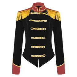 Womens Circus Ringmaster Costume Halloween Theme Party Cosplay Outfit Stand Collar Fringed Shoulder Board Velvet Jacket Coat