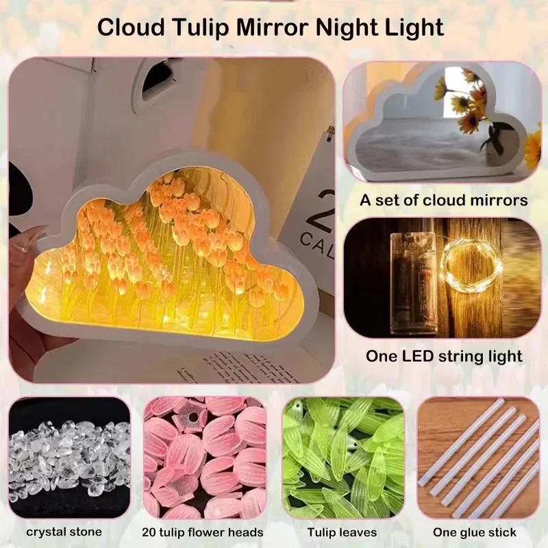Flower Tulip Cloud Lamp DIY Tulip Cloud Mirror Night Lights 20 for Bedroom Creative Gift for Teen Girls Couple Friends Children led night light,night light,led night lamp