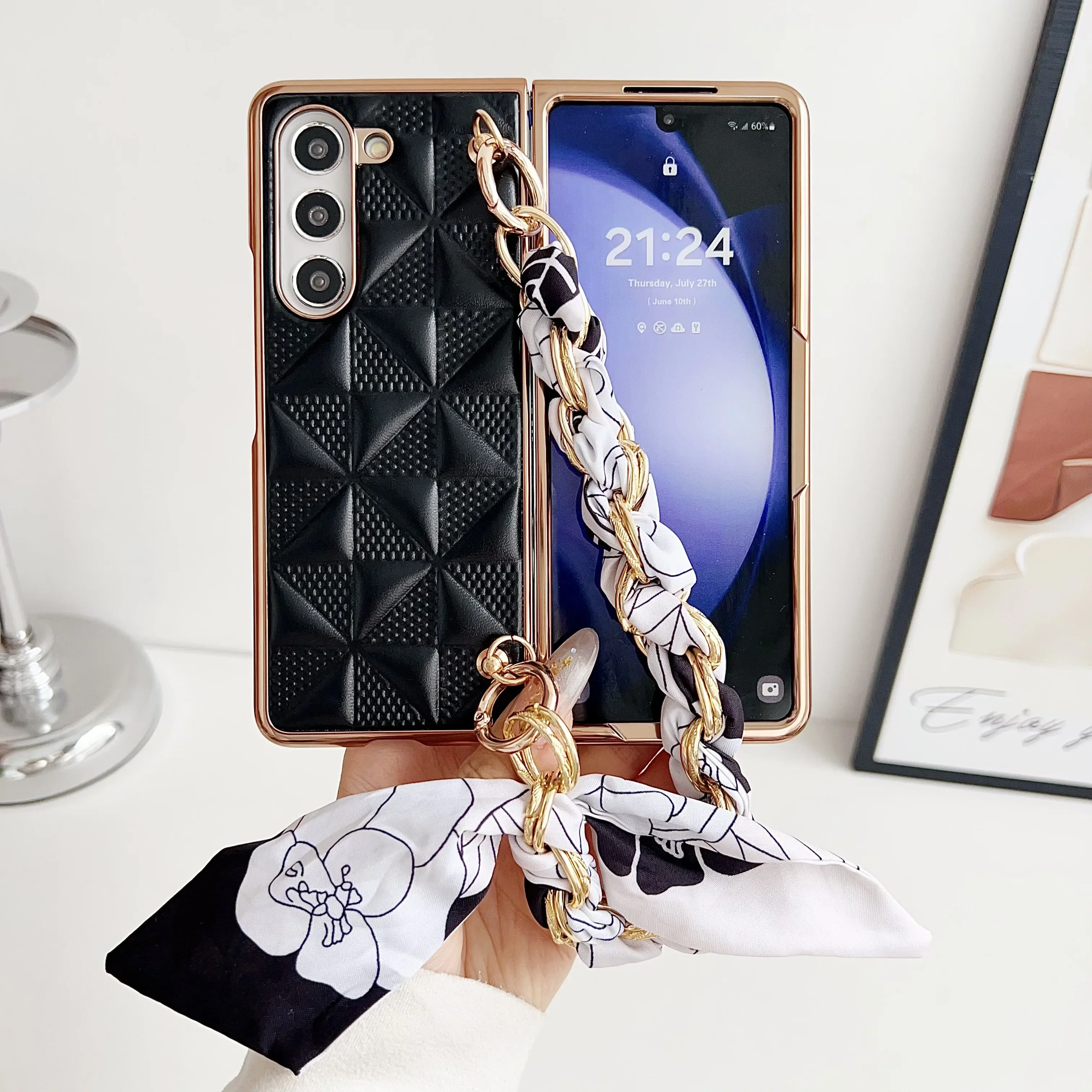 Coque de téléphone en cuir à treillis galvanisé de luxe pour Samsung Galaxy Z Flod 6 5 4 3 5G, étui de protection antichoc à la mode_voghion.com