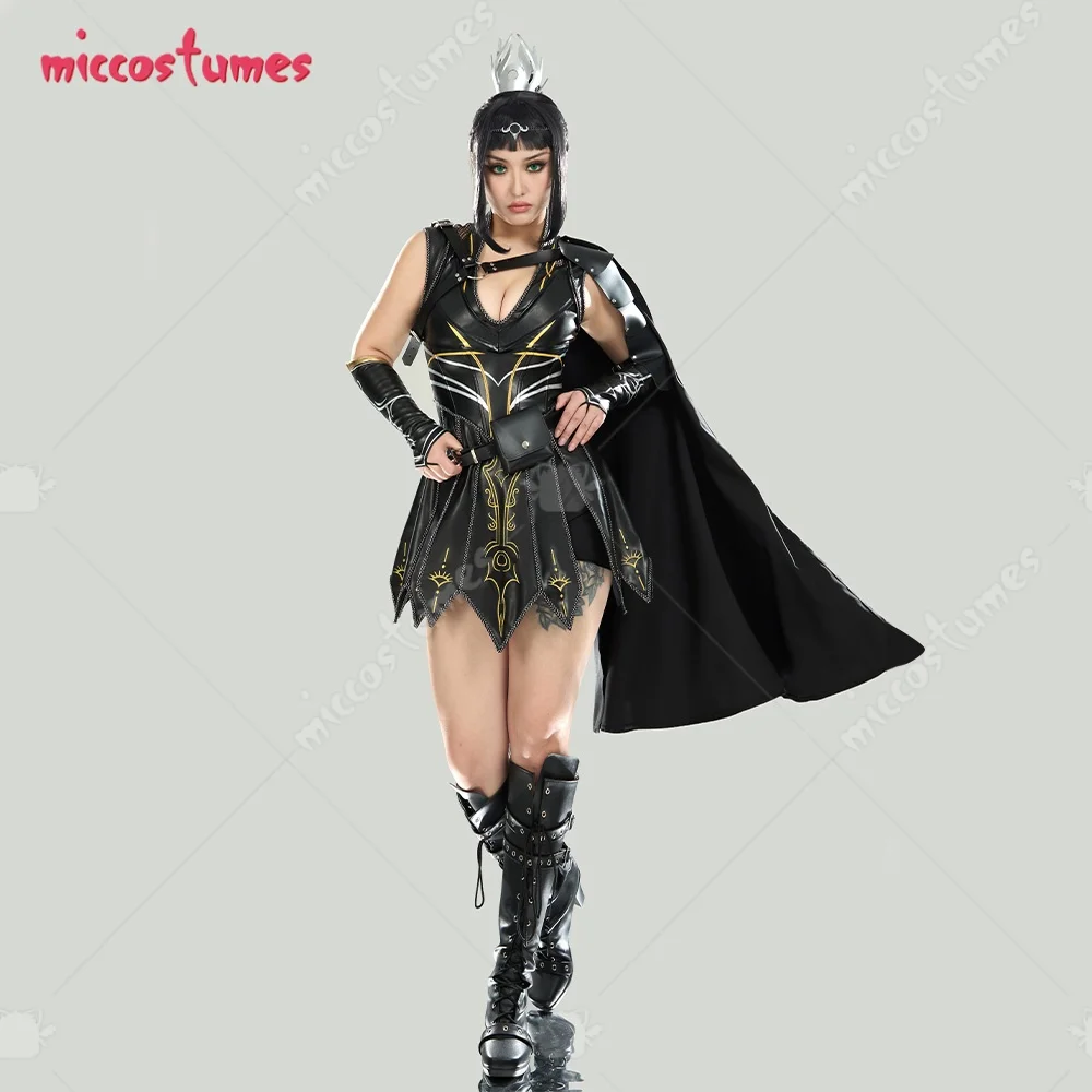 Damen Shadowheart Derivative Battle Suit Schwarzes Deep V Lederkleid mit Cape und Unterteilen Cosplay Kostüm 4