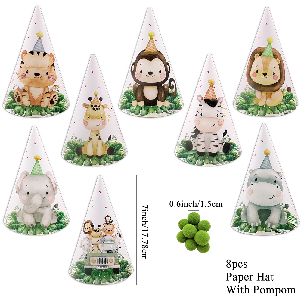 8pcs Wild Animal Paper Party Hats For Kids Jungle Forest Birthday Baby Shower Party DIY Decoration Home Supplies