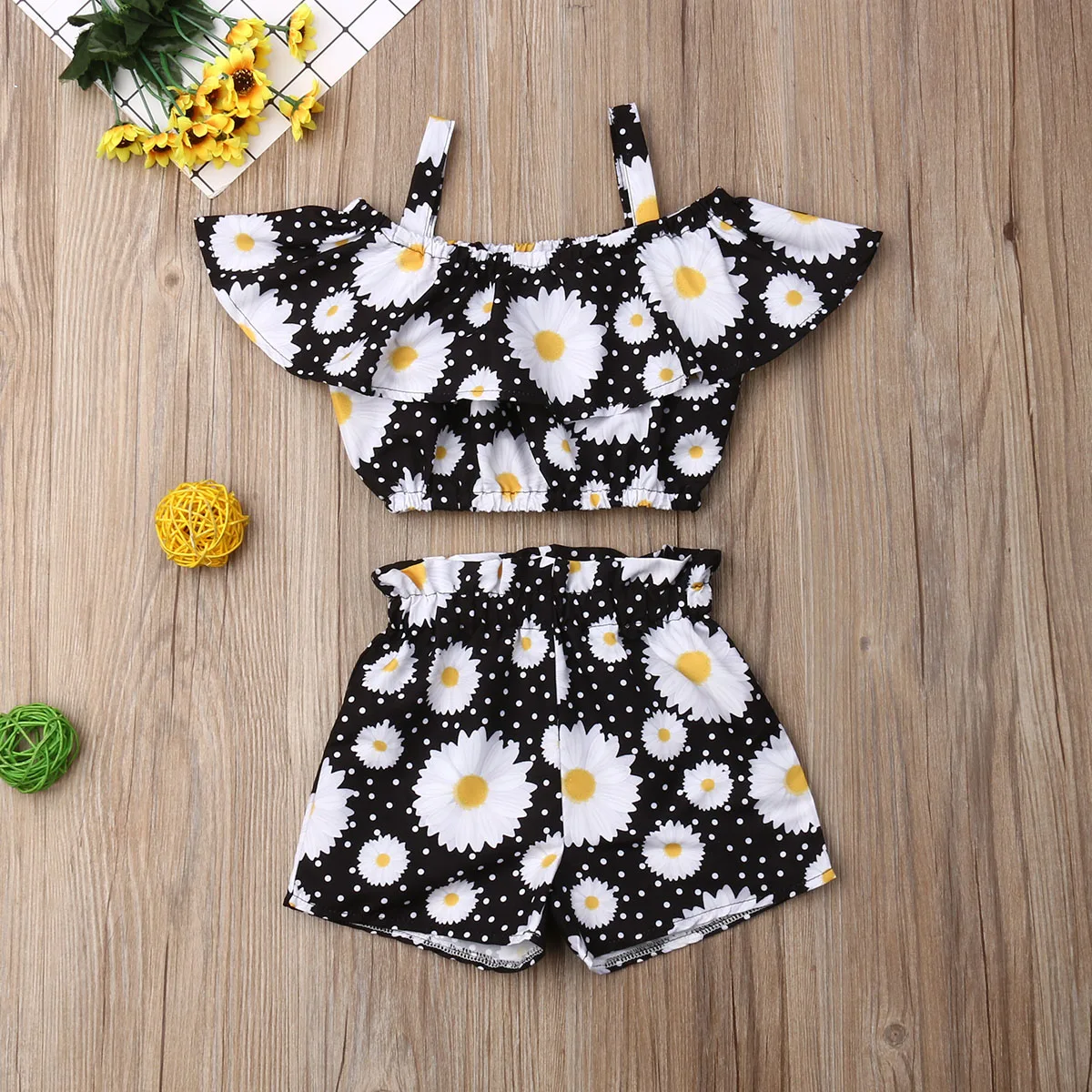 1-6 Year Old Toddler Baby Girl Clothes Watermelon Sunflower Print Ruffle Drop Shoulder Strap Top Shorts 2-Piece Summer Set kids clothing set,girls clothing set