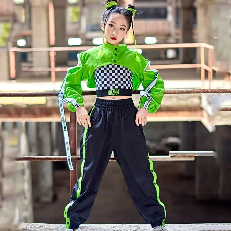 

Green Crop Tops Loose Pants Kpop Outfits Kids Street Dance Jazz Modern Dance Performance Costumes Hip Hop Girl Dance Clothes
