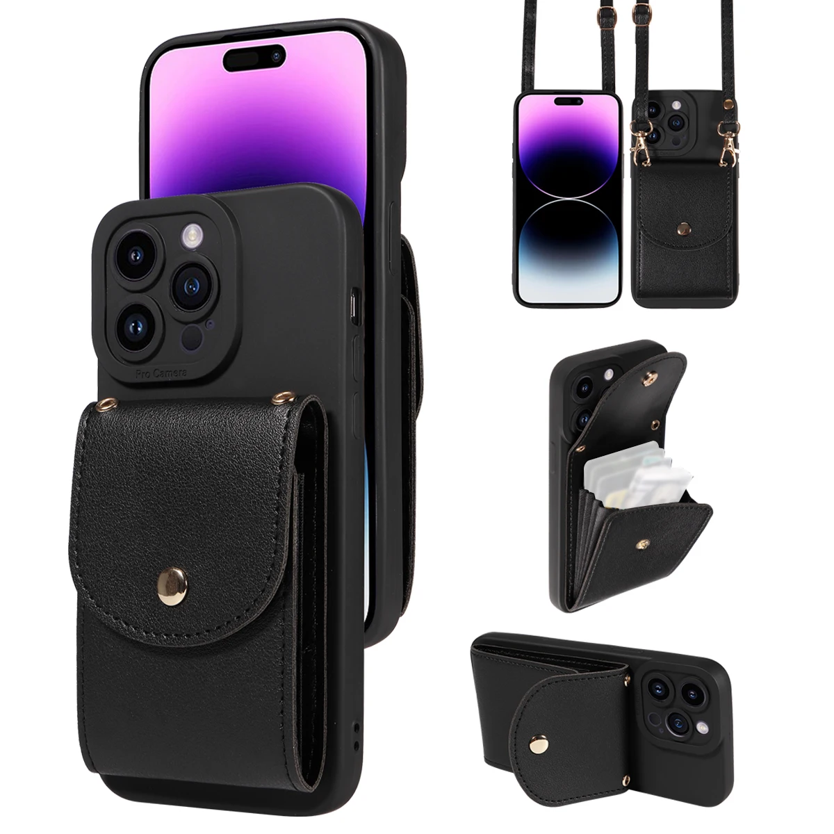 Elegant Faux Leather Phone Case with Lanyard, Card Slot & Shockproof Protection