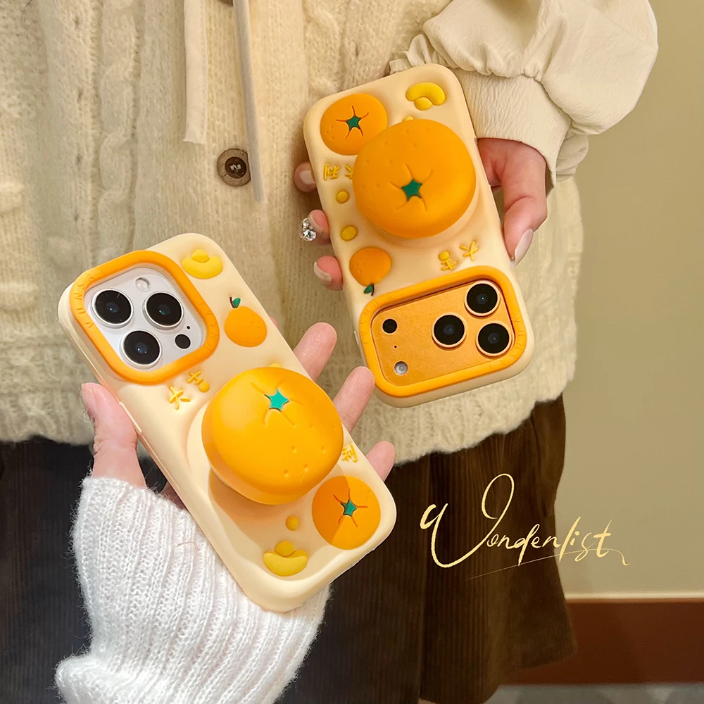 Funny 3D Orange Fruit Soft Silicone Telescopic Stand Case Cover