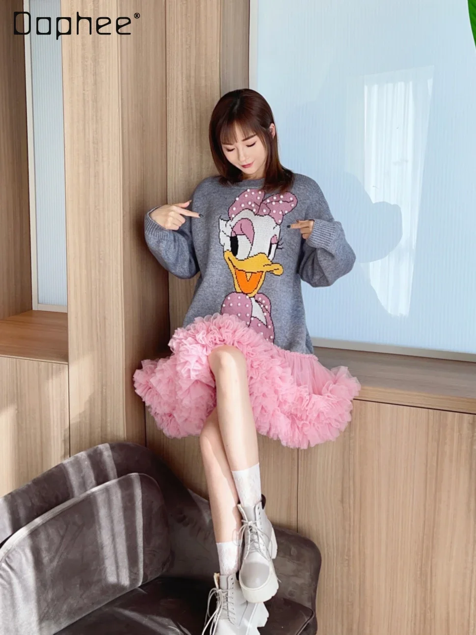 Fashion Bead Cartoon Pattern Puffy Tulle Stitching Knitted Dress Women Autumn Winter New Loose Mid-Length Pullover Sweater Dress m68 bead edge short veil of bride 1 tier fingertip length bridal wedding tulle veil white off white accessories