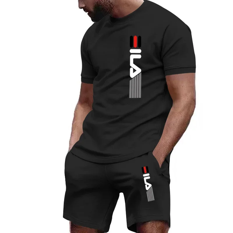 

2024 new men's fitness fashion suit casual sports breathable quick drying short-sleeved T-shirt + shorts 2-piece set