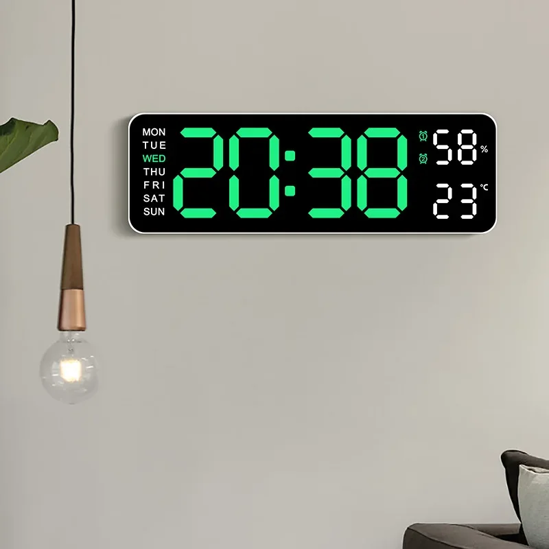 Large LED Digital Wall Clock with Temperature, Humidity, and Auto-Dimmer - USB Powered, 12/24H Format, Alarm Function
