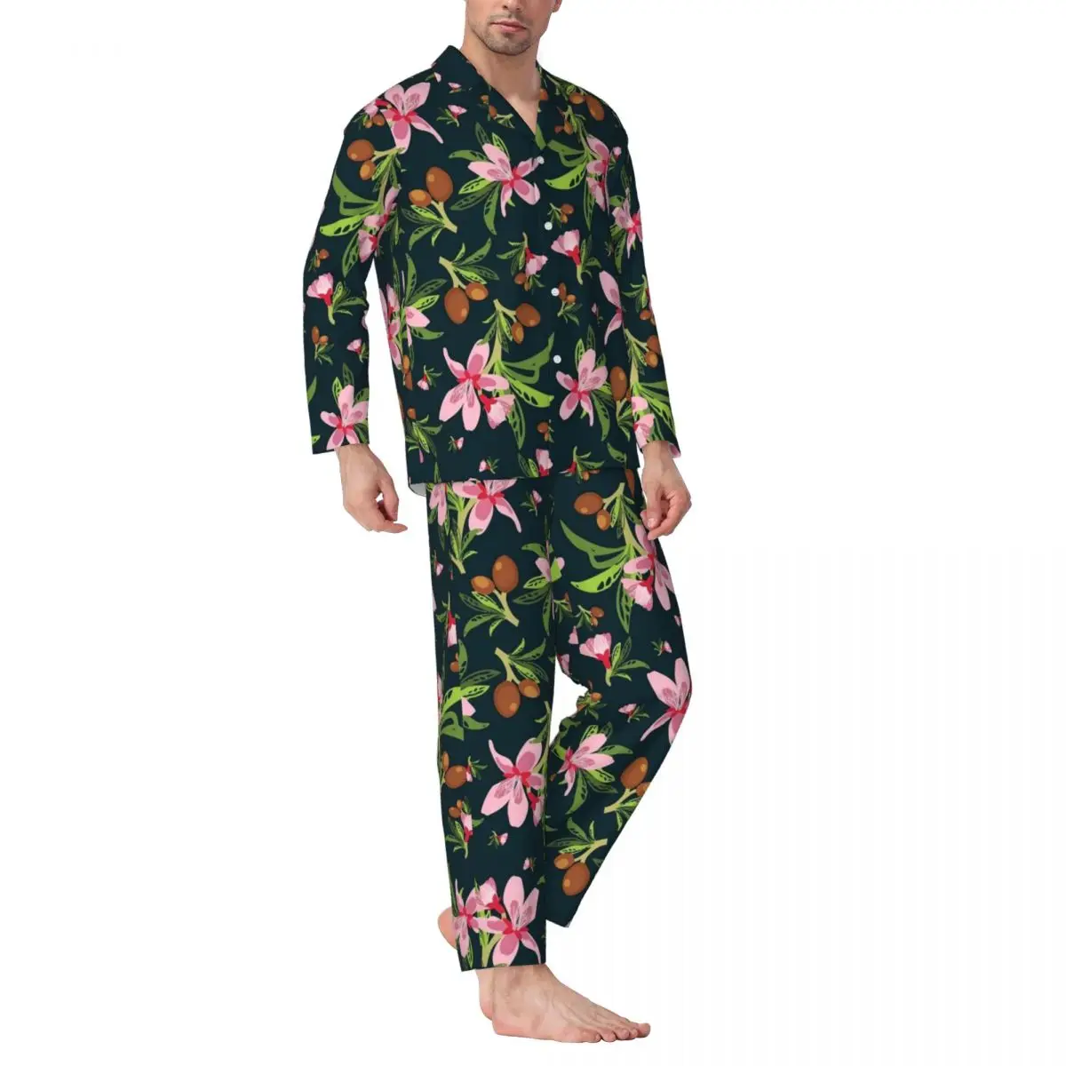 

Tropical Floral Pajamas Men Green Pink Flower Romantic Leisure Nightwear Autumn 2 Pieces Casual Oversized Printed Pajama Set