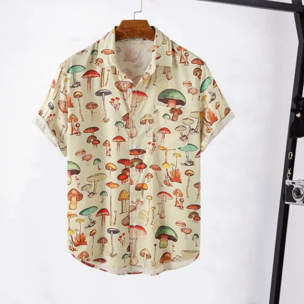 

Summer Men Shirt Lapel Short Sleeve Patch Pocket Single Breasted Shirt Print Hawaiian Shirt Beachwear