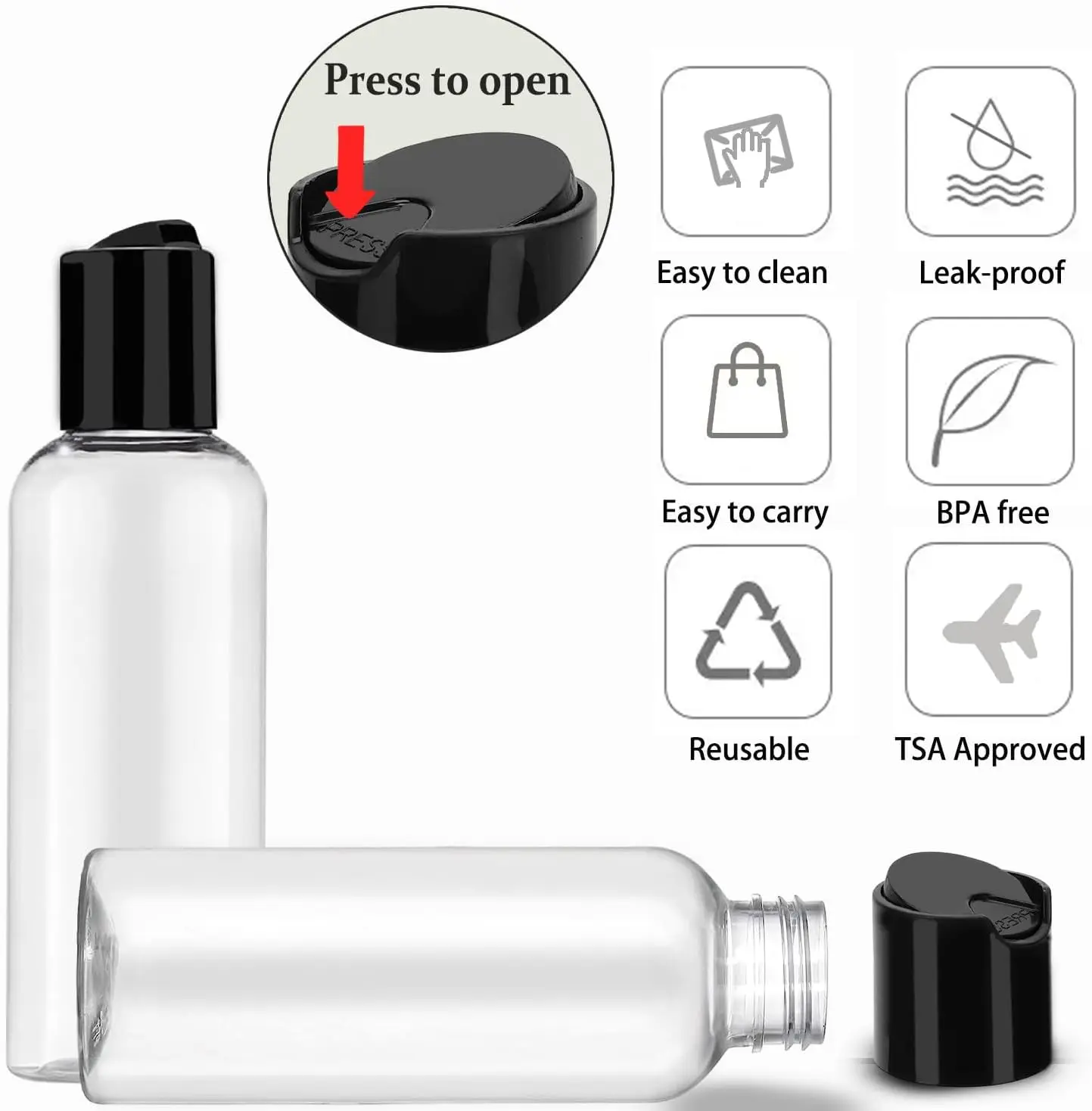 Leakproof Travel Toiletry Bottles Set with Labels – Pack of 5, 3.4 oz Each