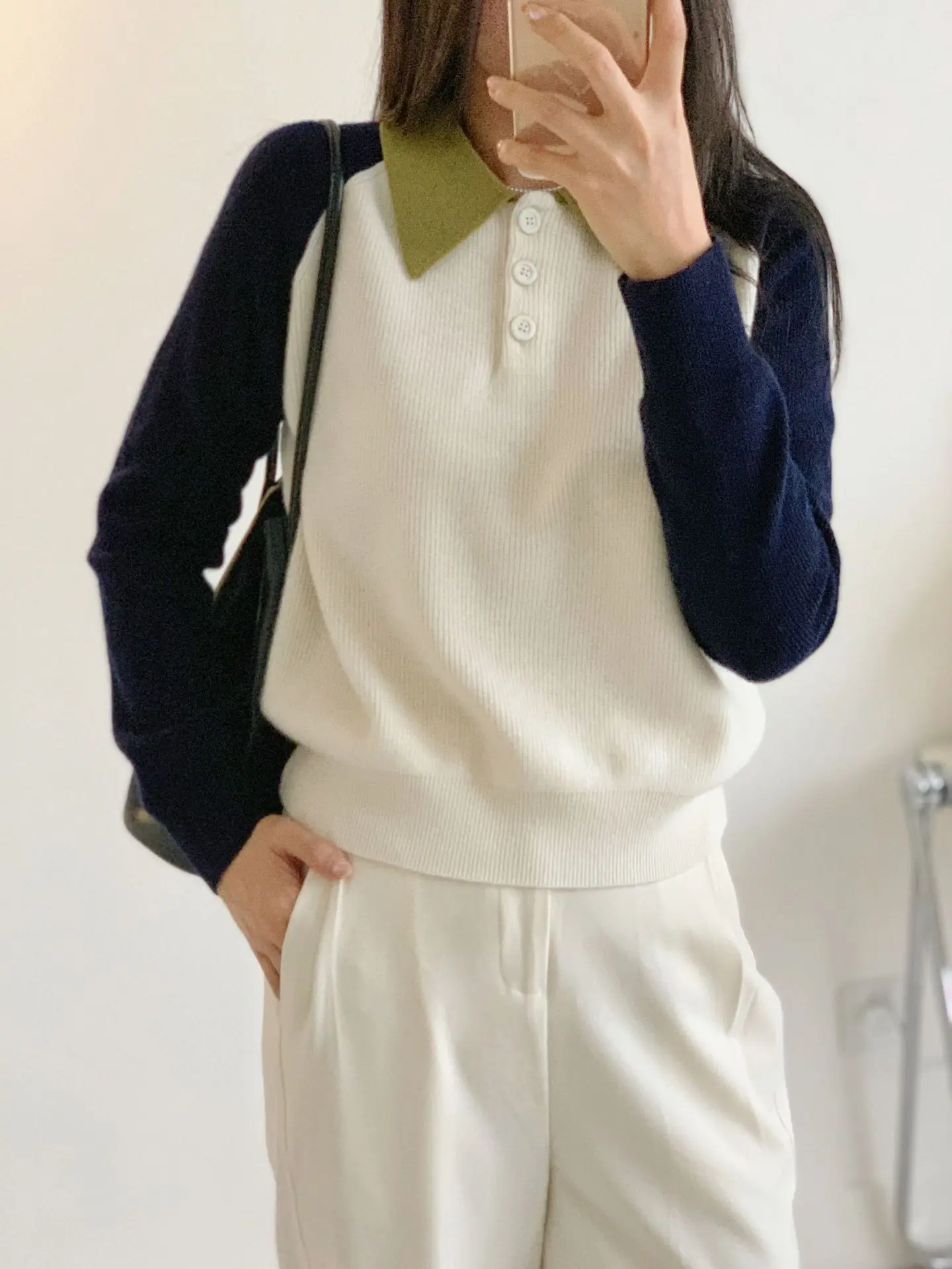 

Women's Polo Neck Pullover, 100% Wool Knitted Sweater, Retro Color Matching, Casual College Style, Autumn, New,