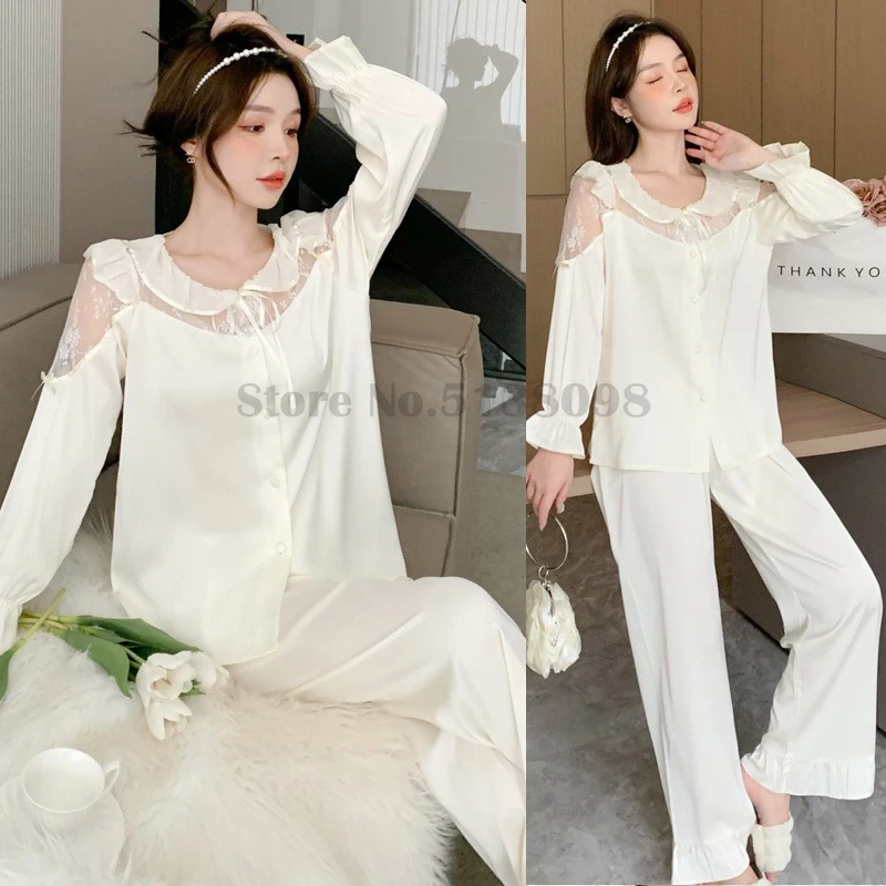 

Однотонный женский комплект, Сексуальная кружевная одежда для дома, ледяные шелковые брюки с длинным рукавом, 2 шт., одежда для сна, свободная одежда для отдыха