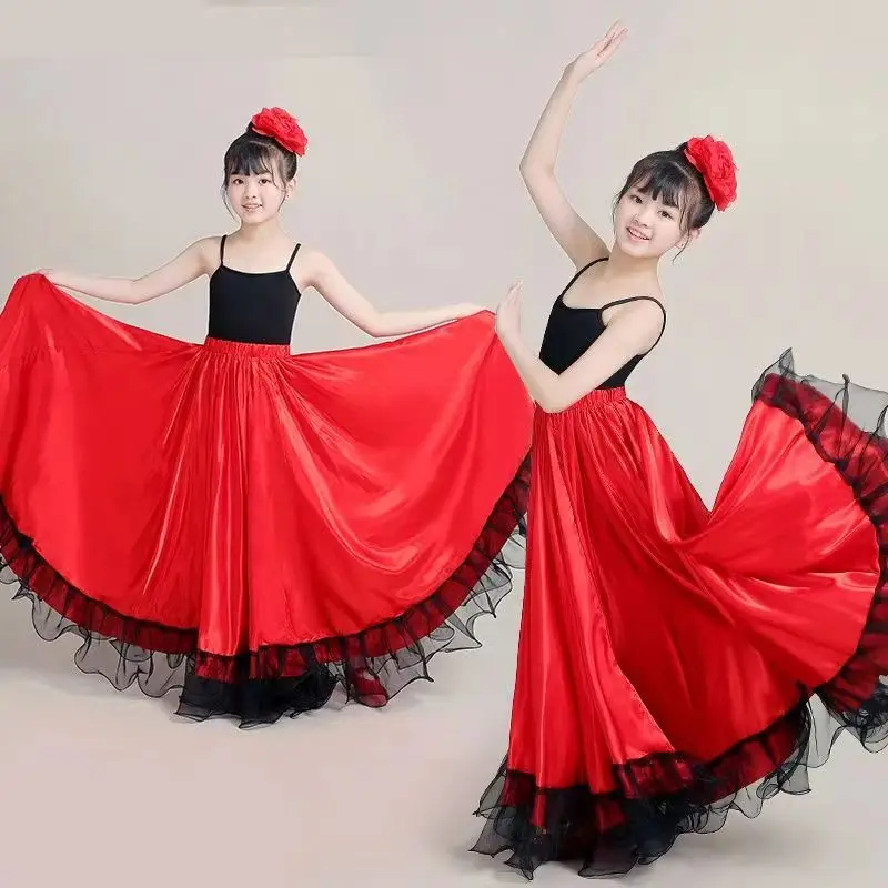 Kid Girl Gypsy Spanish Flamenco Skirt Satin Smooth Big Swing Carnival Party Ballroom Belly Dance Festival Stage Costume