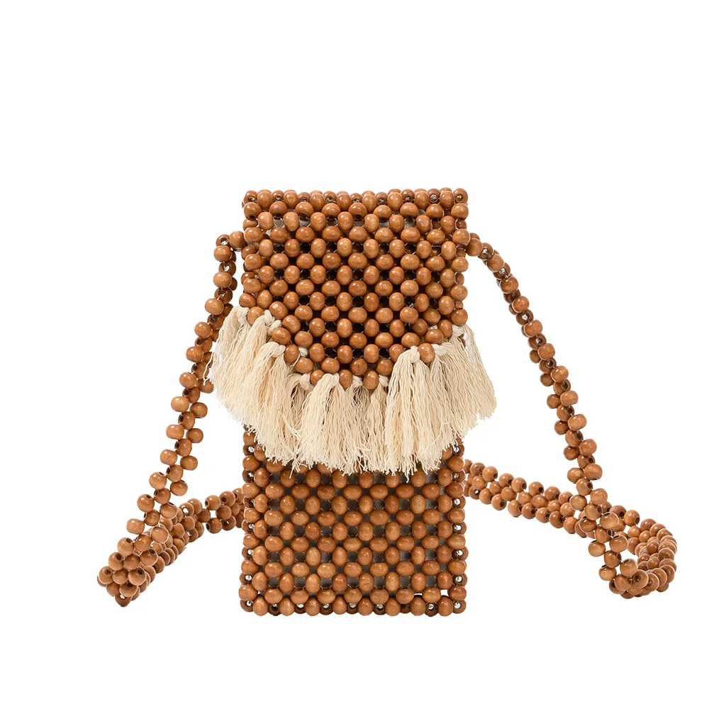 Summer New Tassel Wooden Bead Bag, Hand-woven Bag, Women's Seaside Vacation Beaded Travel Messenger Shoulder Bags