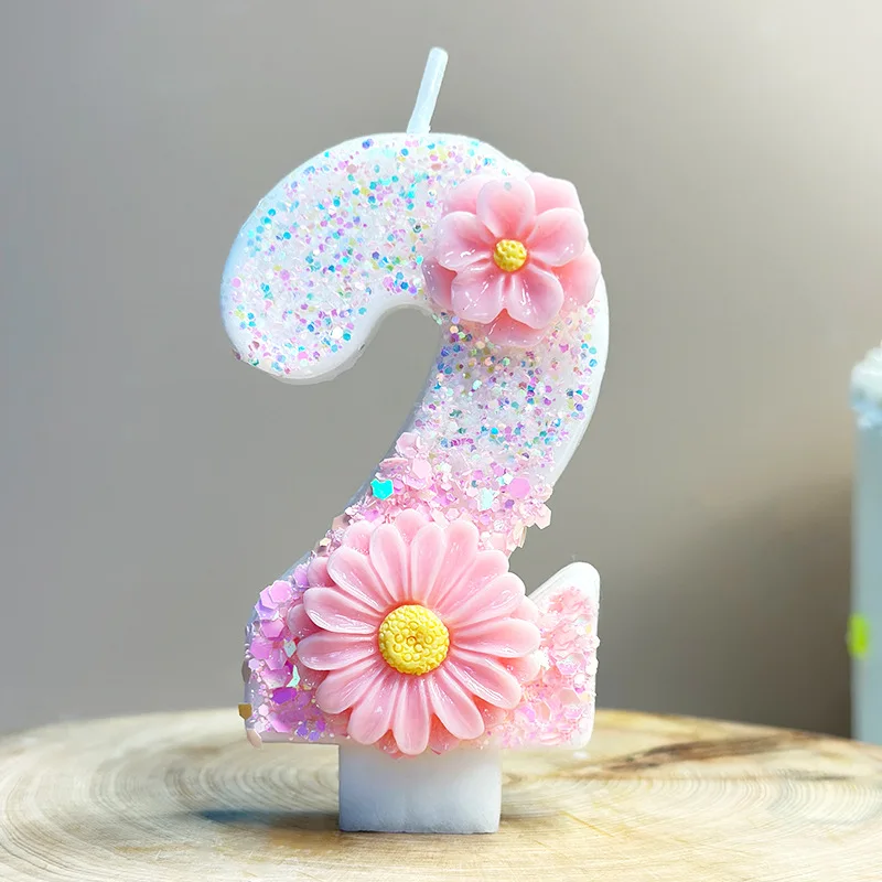 Rosa Glitzer-Blumen-Zahlen-Geburtstagskerzen - Langlebige Wachs-Kuchendekoration für Partyzubehör & Feiern – Detail 5