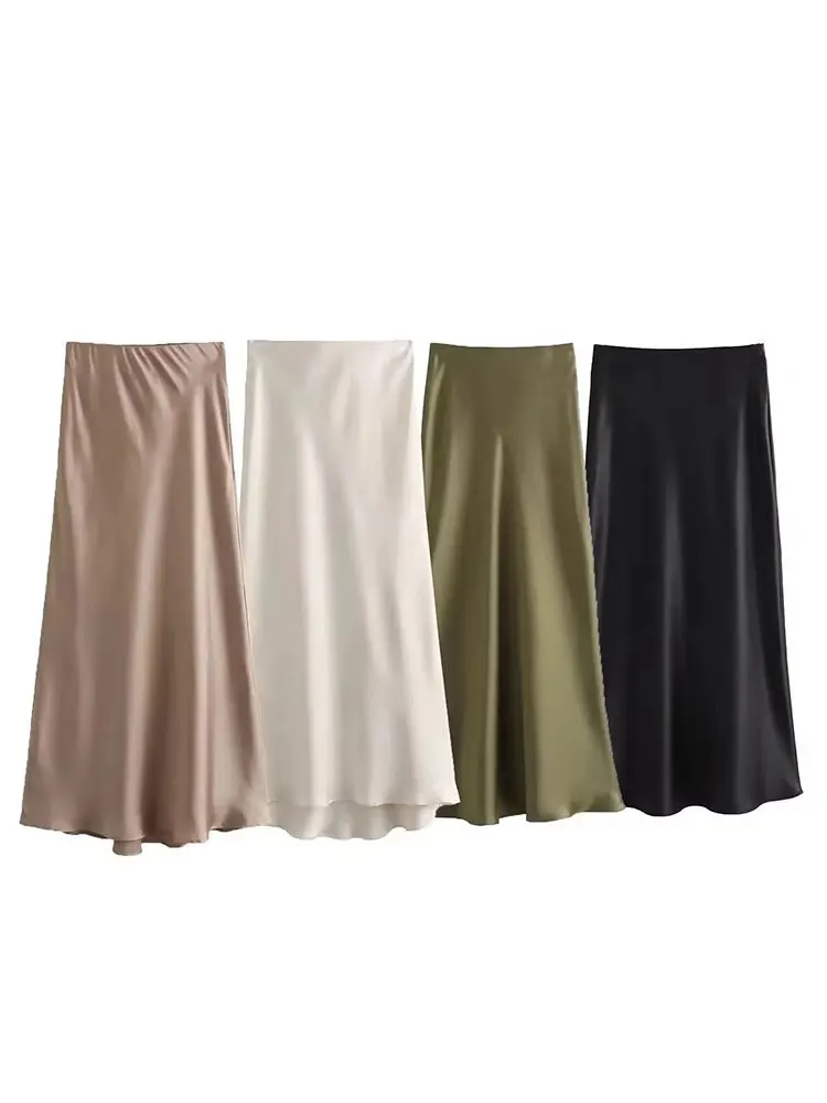 HH Women Fashion Vintage Solid Skirt Satin Slim Elastic Waist Midi Skirts Office Lady Wear Elegant Woman Chic Mermaid Skirt