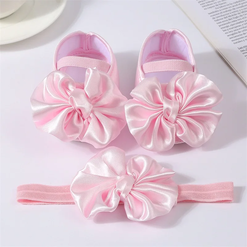 Baby Girls Shoes Cute Bowknot Mary Jane Flats Crib Shoes Princess Soft Non-Slip Walking with Headband Infant First Walker
