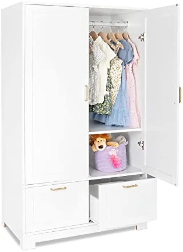 Wide White Armoire Wardrobe Closet with Adjustable Shelves and Drawers, 60" Freestanding Closet Wardrobe Cabinet, Armoires and W