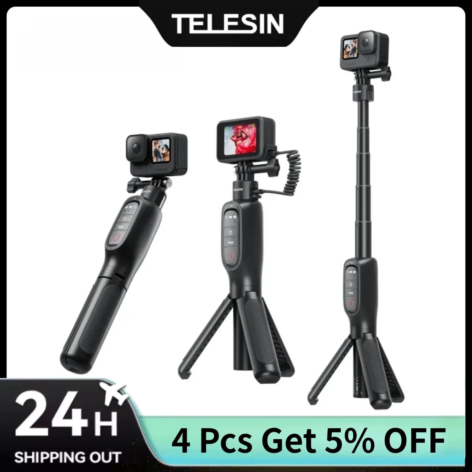 TELESIN Shorty Rechargeable Selfie Stick Tripod with Remote