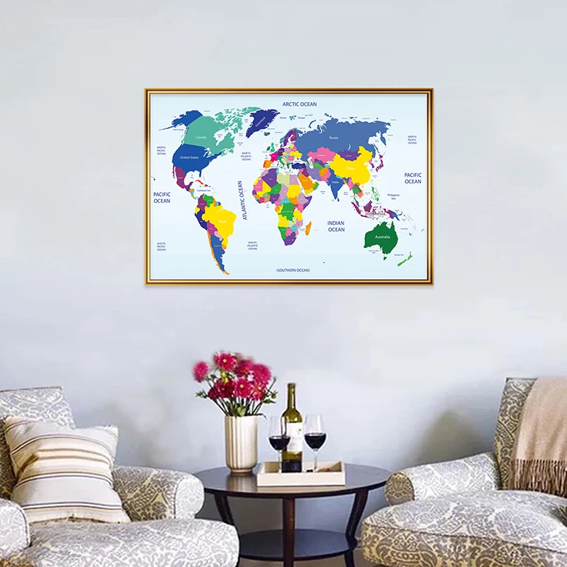 

45*30cm Map of The World Spray Canvas Painting Decorative Wall Art Poster School Supplies Living Room Home Decoration