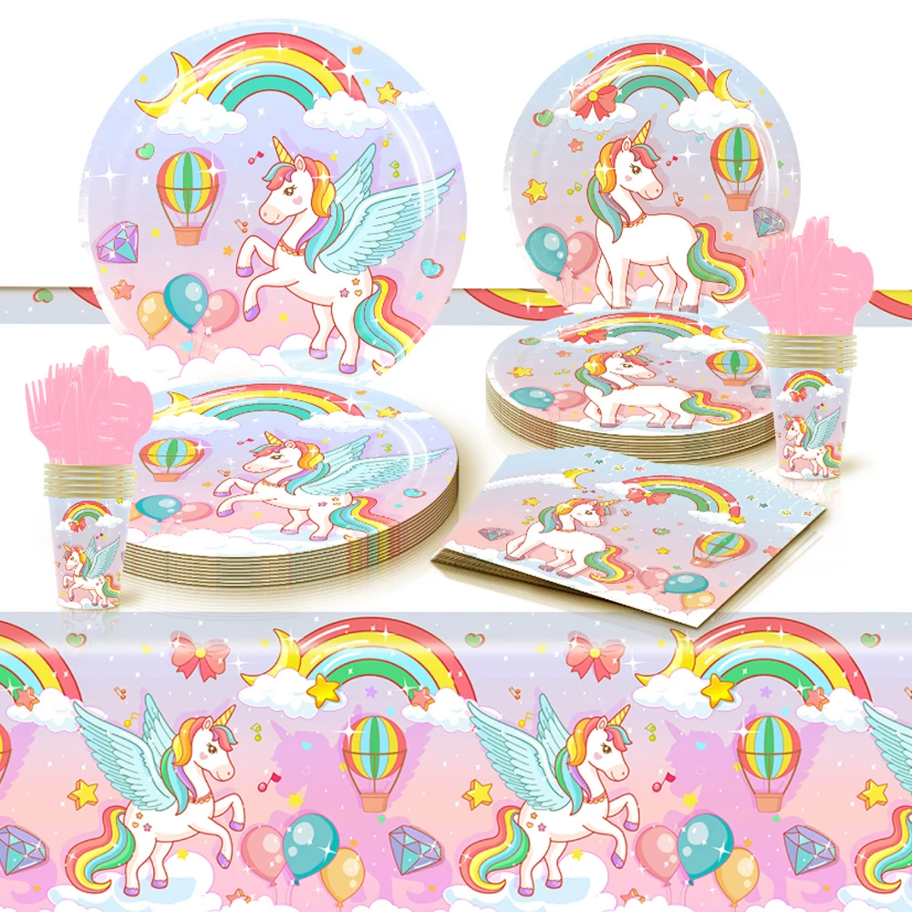 

Rainbow Unicorn Theme Pink Unicorn Girls Birthday Party Disposable Tableware Balloons For Kids Baby Shower Background Supplies
