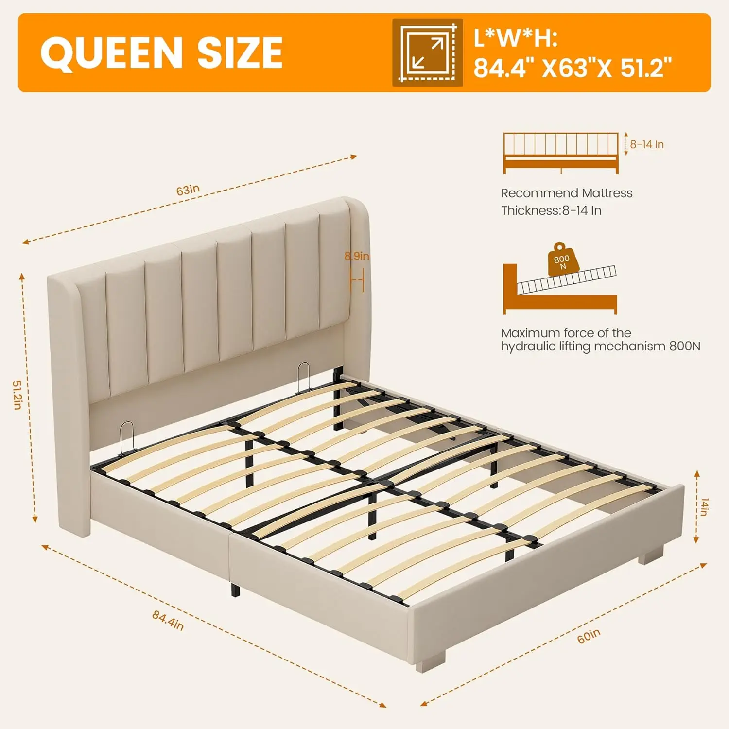 Lift Up Storage Bed Frame with 51" Tall Headboard, Queen Size Bed Frame with Storage Underneath, Velvet Wingback Design 2