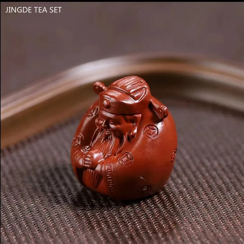 Yixing Purple Clay Tea Pet Small God of Wealth Figure Sculpture Chinese Tea Table Ornaments Desktop Feng Shui Arts