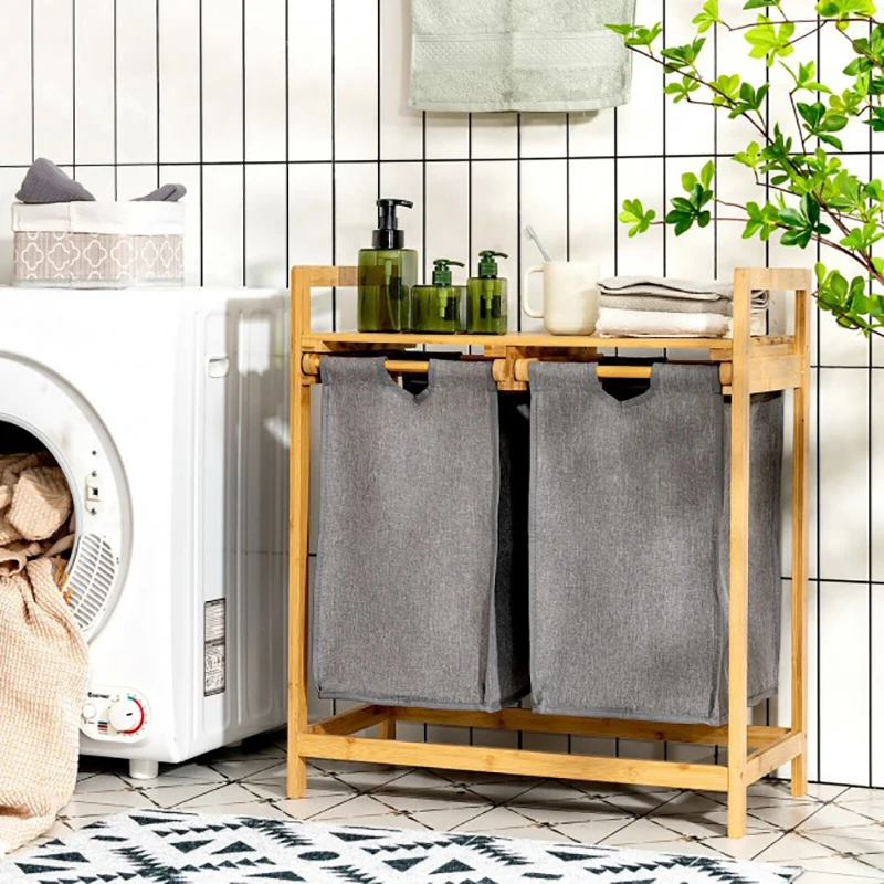Bamboo Laundry Hamper With Dual Compartments Laundry Sorter And Sliding