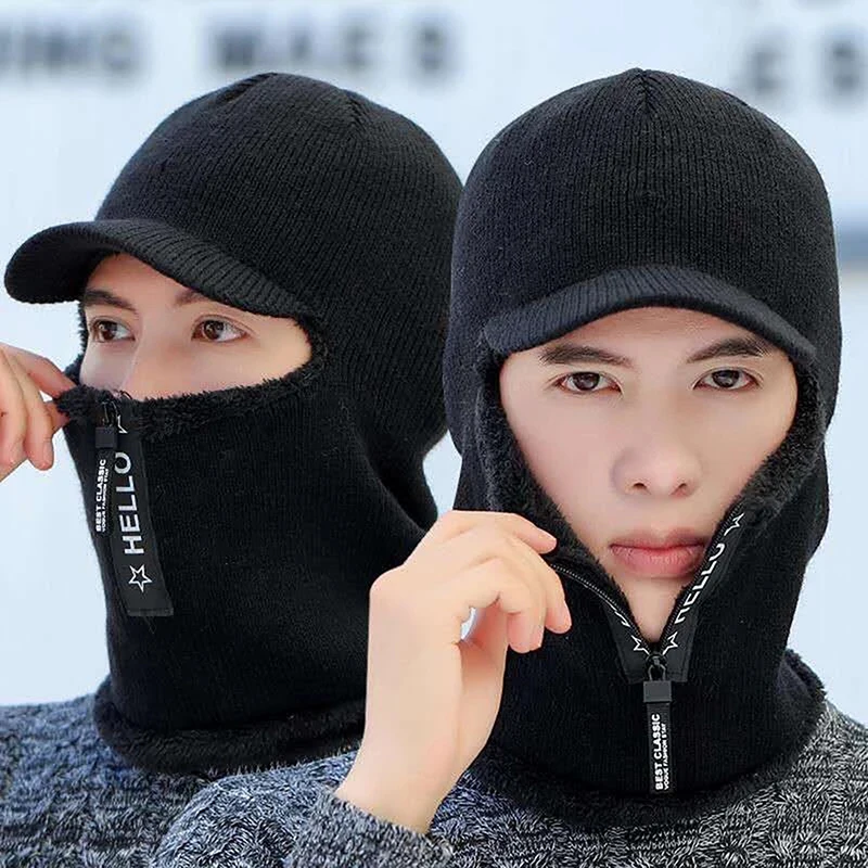 

Hot Men Winter Knitted Hat With Zipper New Add Fur Lined Warm Brim Winter Hats For Men Keep Face Ear Warm Balaclava Cap