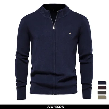 AIOPESON Cardigan da uomo tinta unita con cerniera maglione di base maschile Casual di alta qualità nuovi Cardigan autunnali per abbigliamento maschile 1