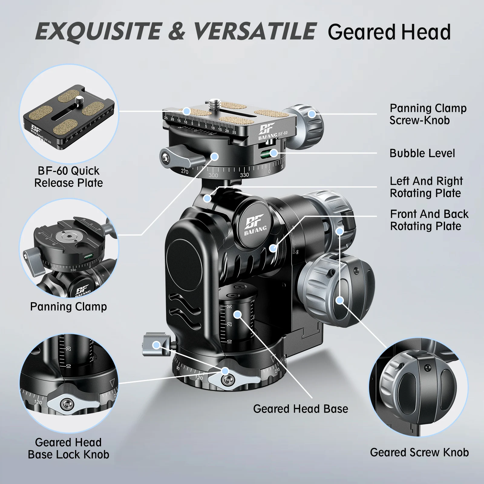 BAFANG 매크로 기어 헤드, 정밀 조정 SLR 사진, 파노라마, 고품질, 전문 알루미늄 합금 리프팅 삼각대 헤드