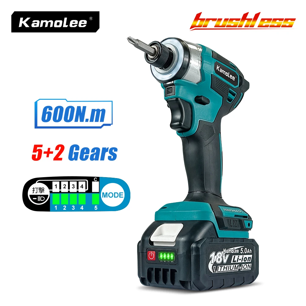 Kamolee 600Nm Avvitatore Elettrico A Percussione Senza Fili Avvitatore A 5 Velocità Utensile Elettrico 1/4 "Con 3 Luci A Led Per Batteria Makita