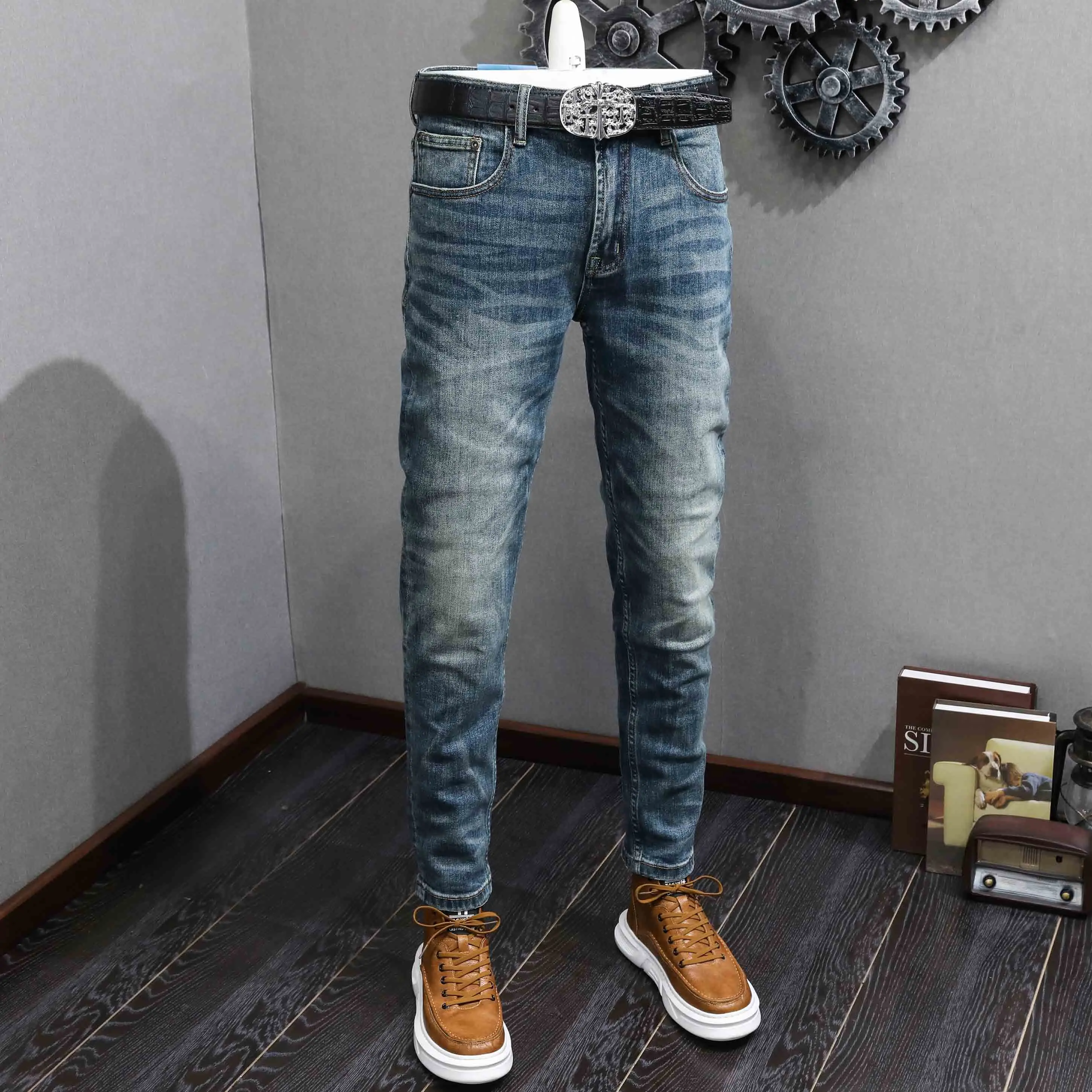 

Newly Designer Fashion Men Jeans High Quality Retro Washed Blue Stretch Slim Fit Vintage Jeans Men Trousers Casual Denim Pants