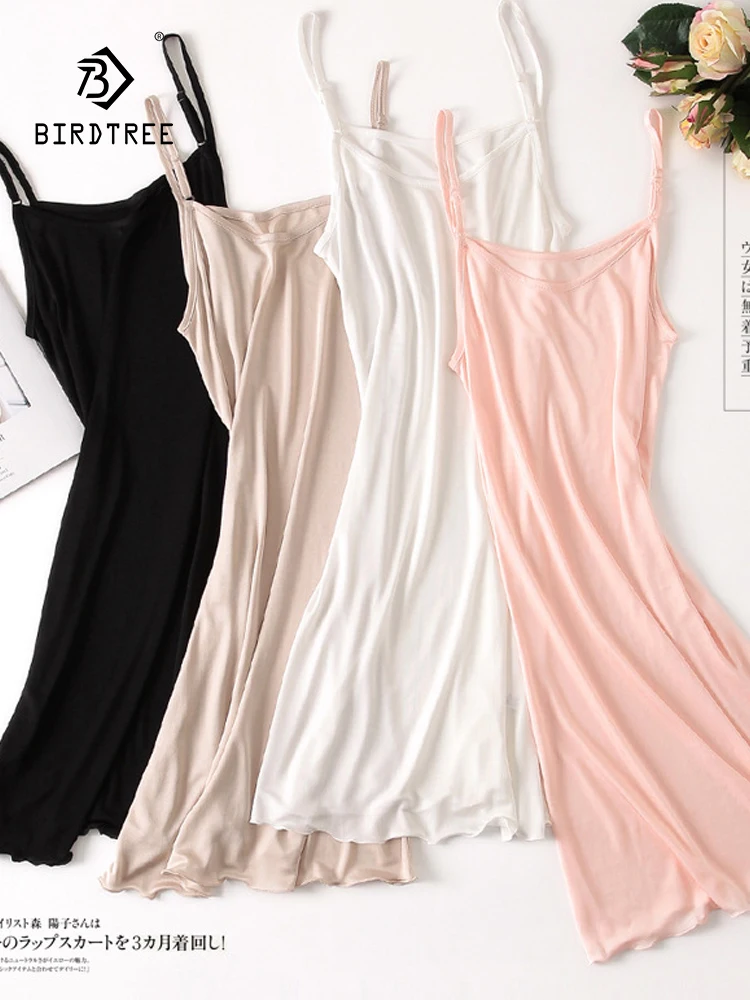 Birdtree 23% Silk 77% Viscose Petticoat Women Intimates Sexy Slip Dress Solid Minimalist Nightgown Skirt Spring P3D833QC