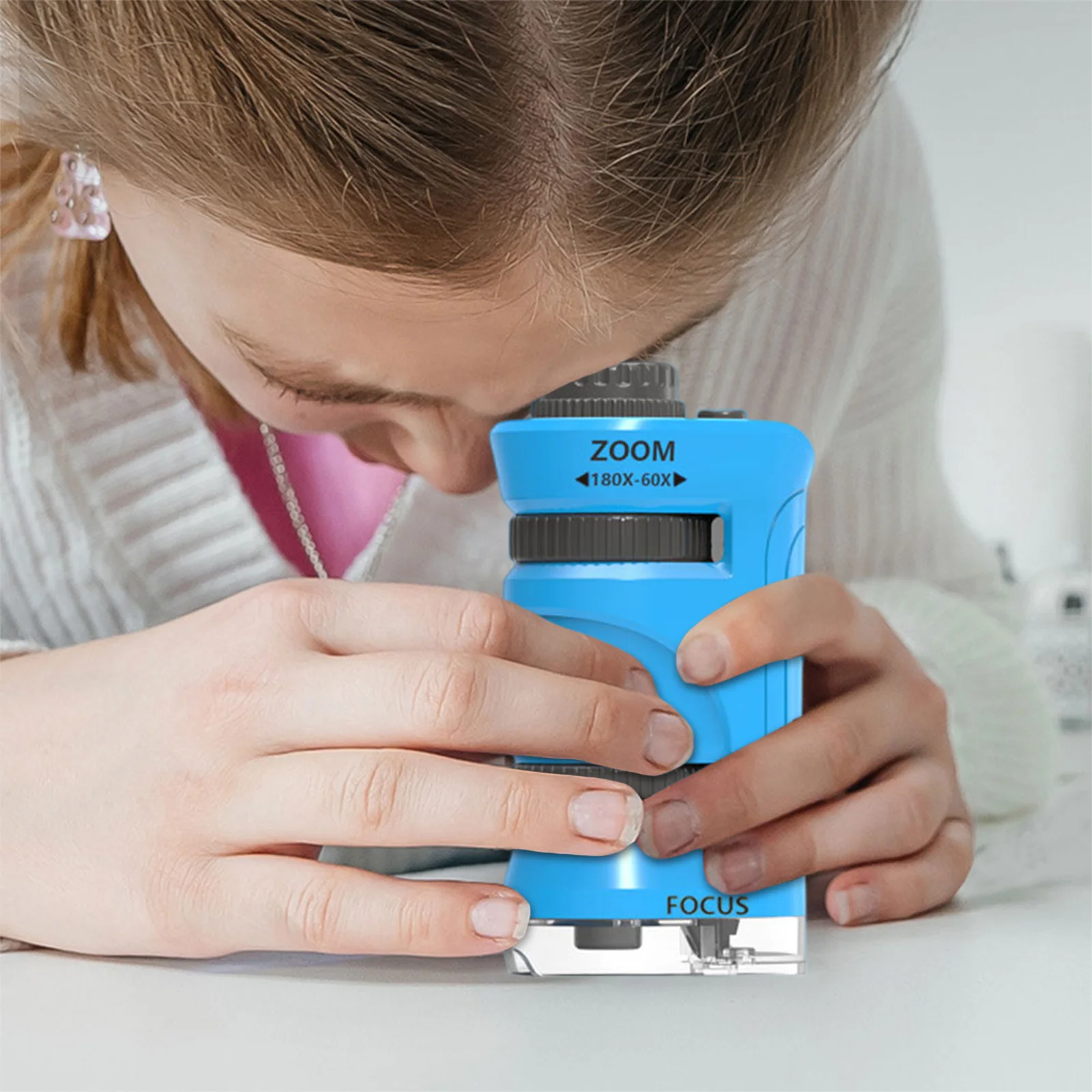 Compact LED-Lit Mini Microscope with 60x-180x Zoom for Children's Scientific Exploration