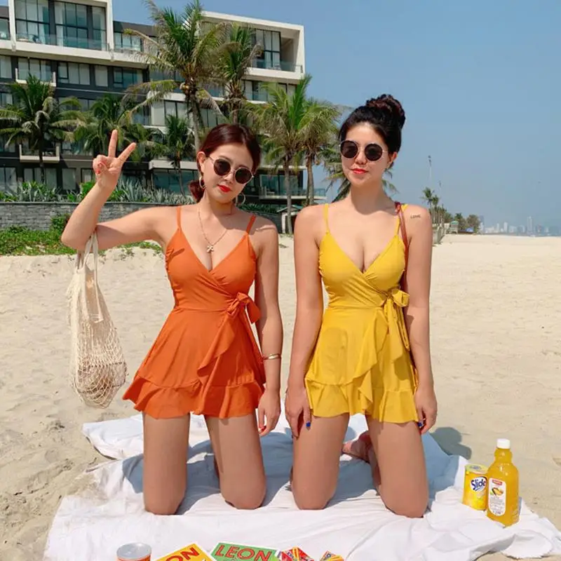 

Women's 2020 Summer Bathing Suit Push Up One Piece Swimsuit Belt Solid Korea Swimwear Swimsuit Women with Skirt Swim Suit Dress