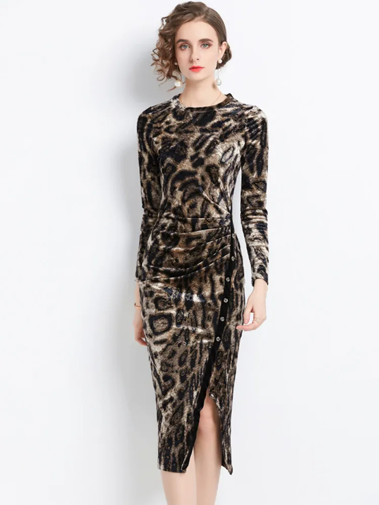 

Autumn New Leopard Prints Mid-length Dress for Women Elegant O-neck Long Sleeve Drapped Bodycon Dress Split Female Clothing