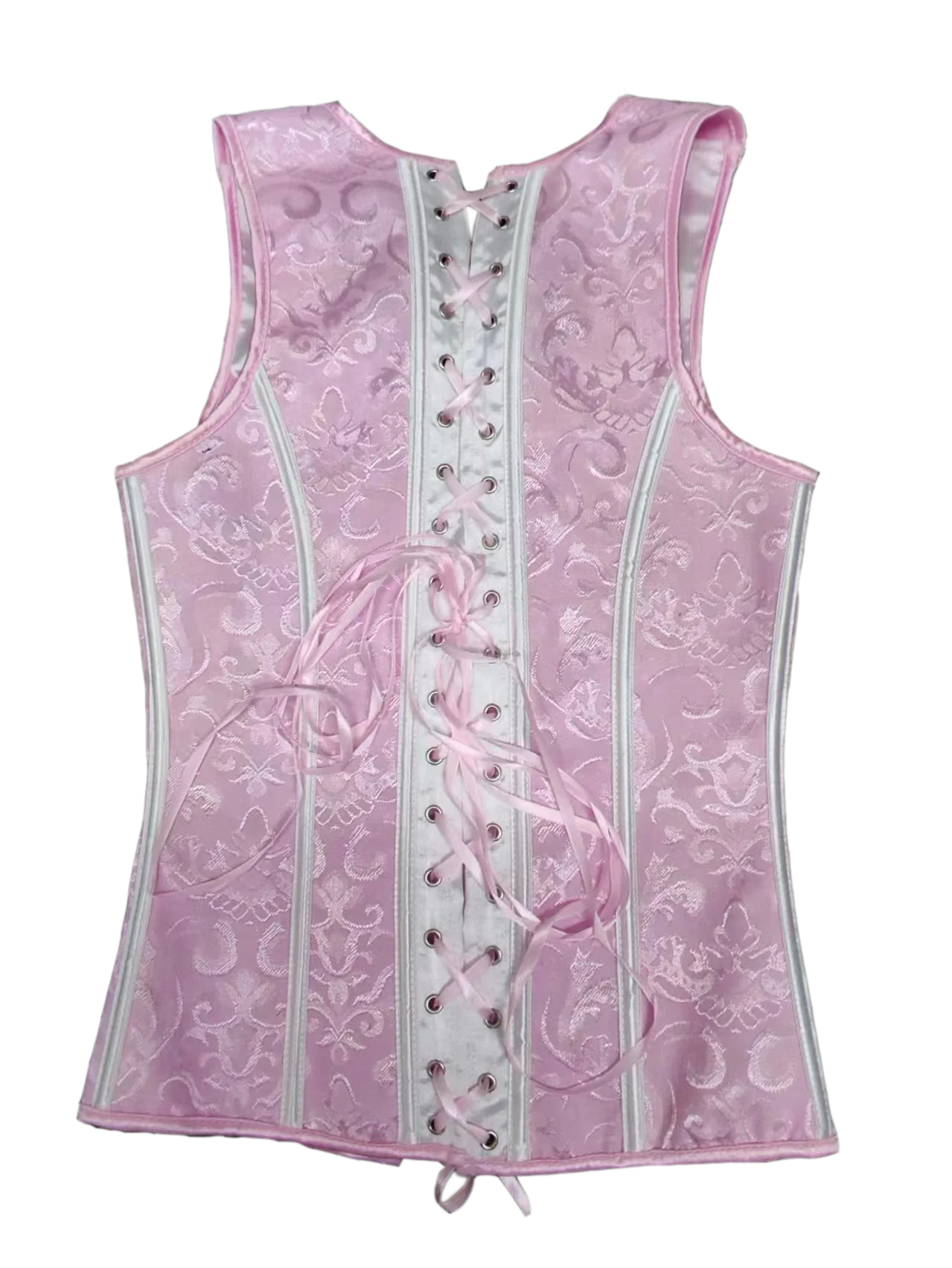 Corset Vest Men Pink Prints Shaping Tops Lace Up Bones Vintage Dress Waistcoat Formal Party Stage Waist Trainer V Neck 6 Buckle