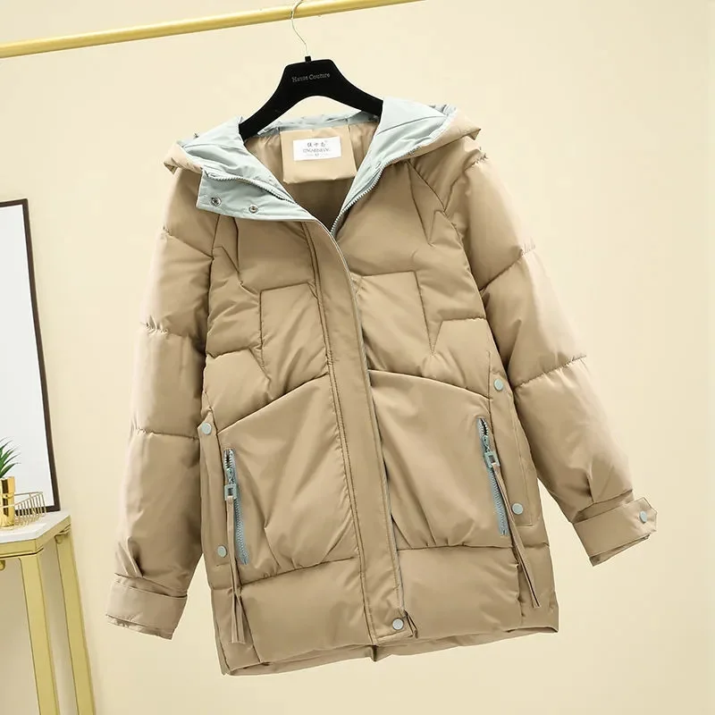 

2024Winter New Down Jackets Women's Korean Loose Thickened Cotton-Padded Jacket Female Mid-Length Outwear Hooded Ladies Coat Top