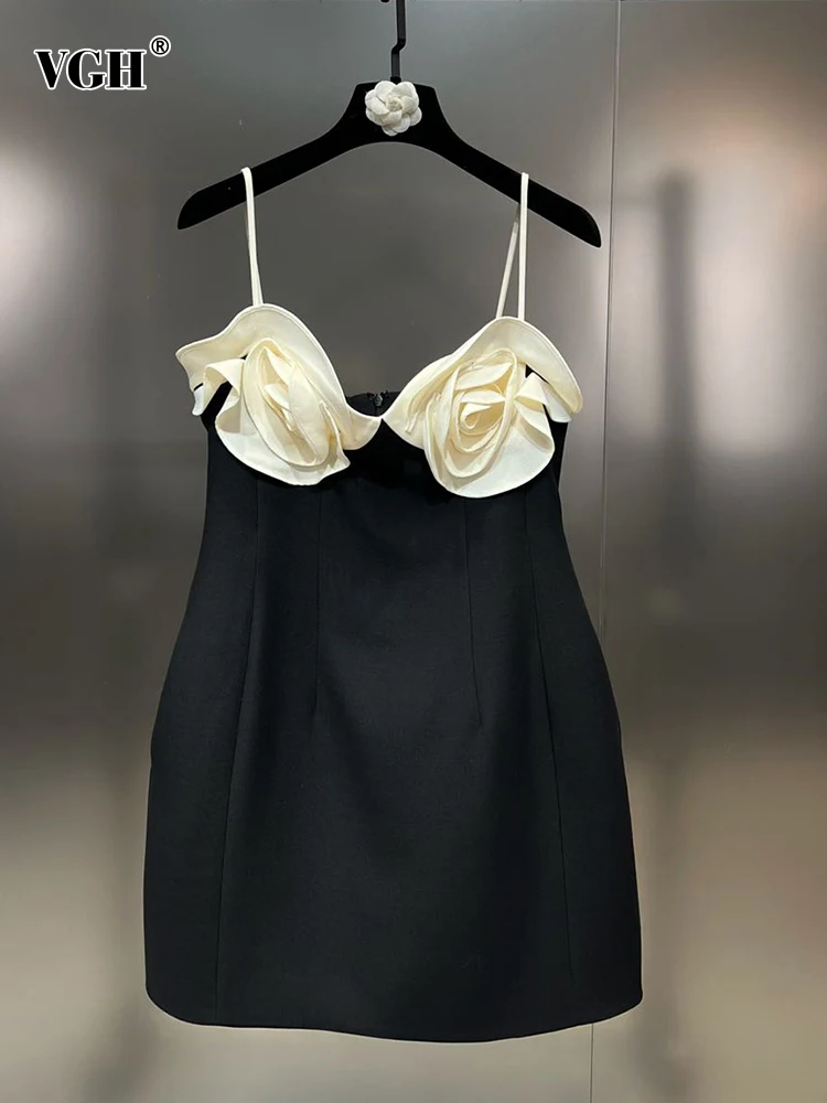 

VGH Spliced Appliques Sexy Camisole Dresses For Women Square Collar Sleeveless High Waist Backless Temperament Mini Dress Female