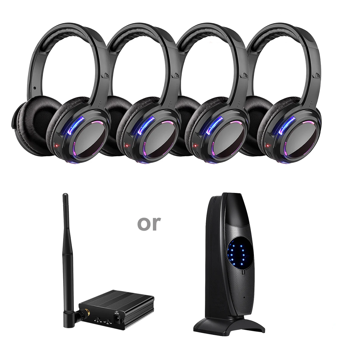 Silent Disco Led Wireless Headphone - Quiet Clubbing Party Bundle 4 Headsets 3 Channels with Transmitters