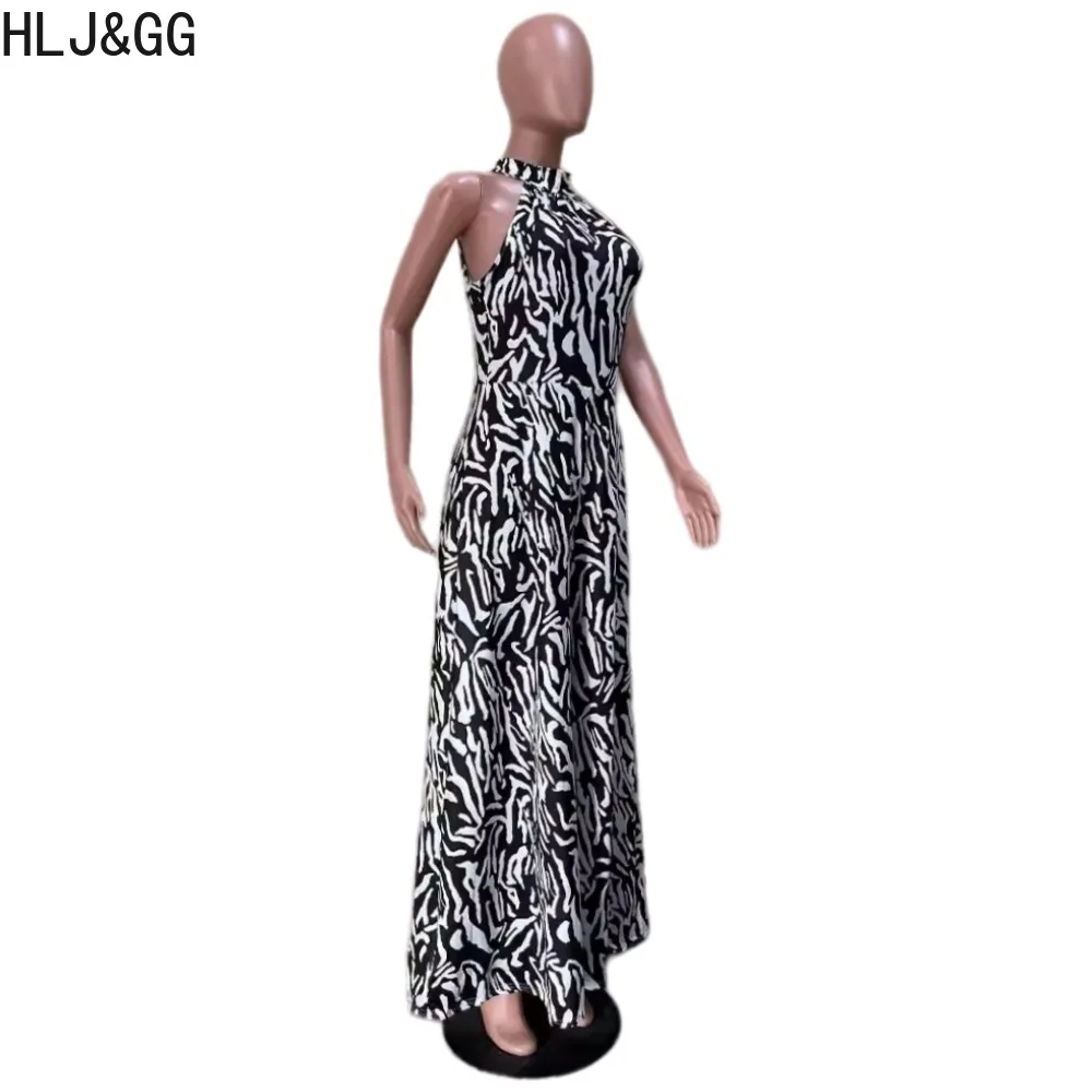 HLJ&GG Black Fashion Print Wide Leg Pants Jumpsuits Women Round Neck Sleeveless Loose One Piece Playsuits Elegant Lady Overalls